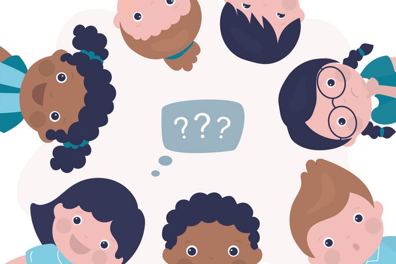Group of multiethnic children solve problem or search answers on difficult question. Little students with different emotions. Classmates overcome learning difficulties.