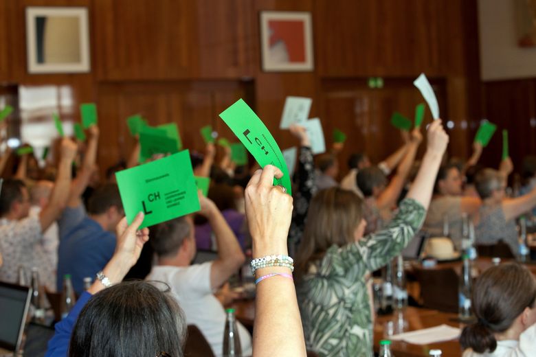 Einige Menschen sitzen in einem Raum und halten im Rahmen einer Abstimmung einen grünen Zettel in die Luft.