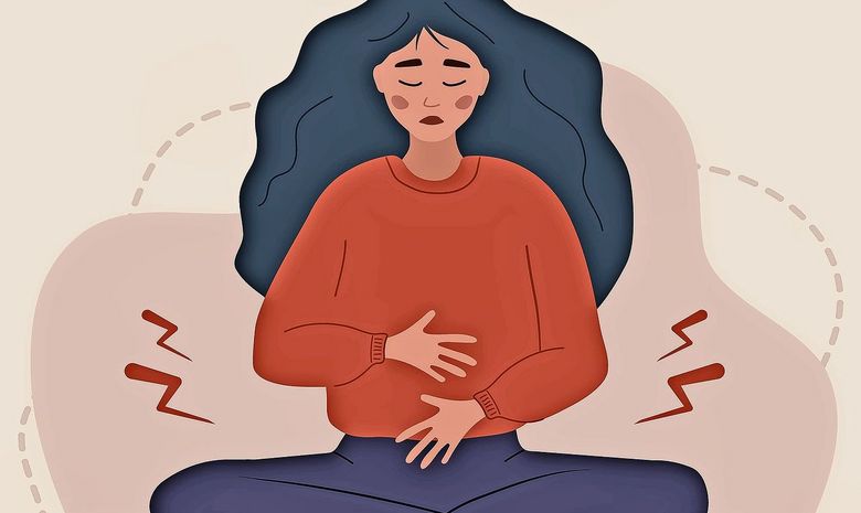 Illustration einer Frau, die ihre Hände schützend auf dem Bauch hält.