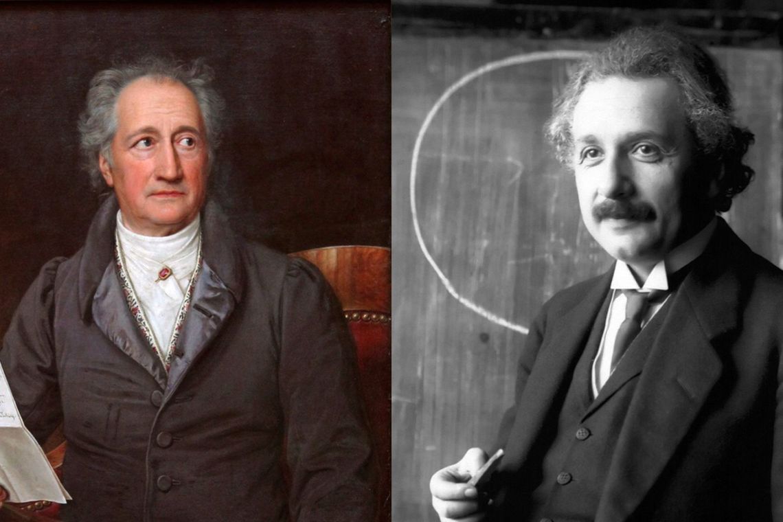 Links befindet sich ein gemaltes Bild, das Johann Wolfang von Goethe zeigt. Rechts befindet sich eine schwarzweisse Fotografie von Albert Einstein.