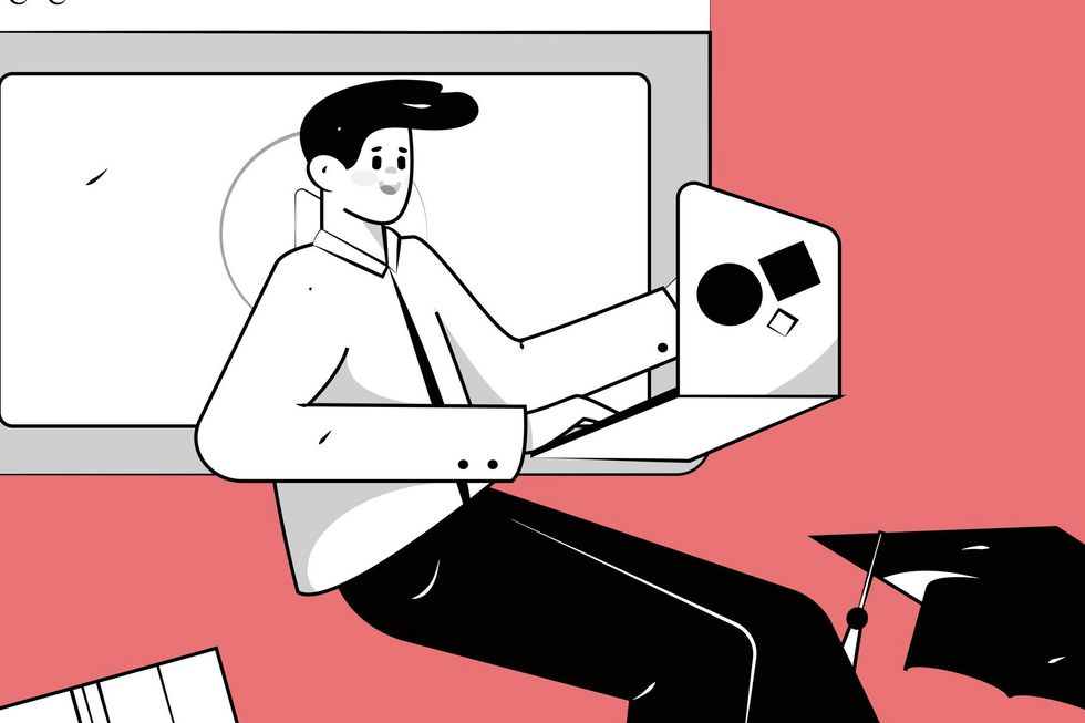 Illustration einer Lehrperson am Laptop.