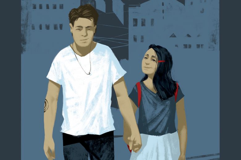 Ilustration eines jungen Mannes, der ein Mädchen an der Hand führt.