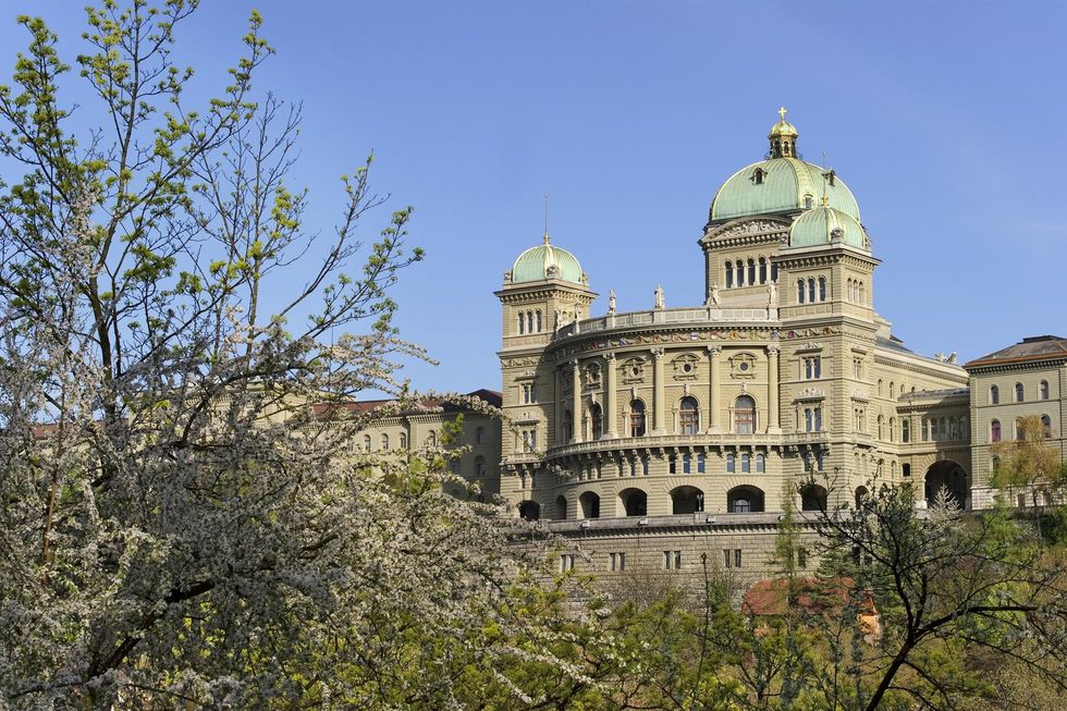 Das Bundeshaus ist neben blühenden Bäumen im Frühling abgebildet.