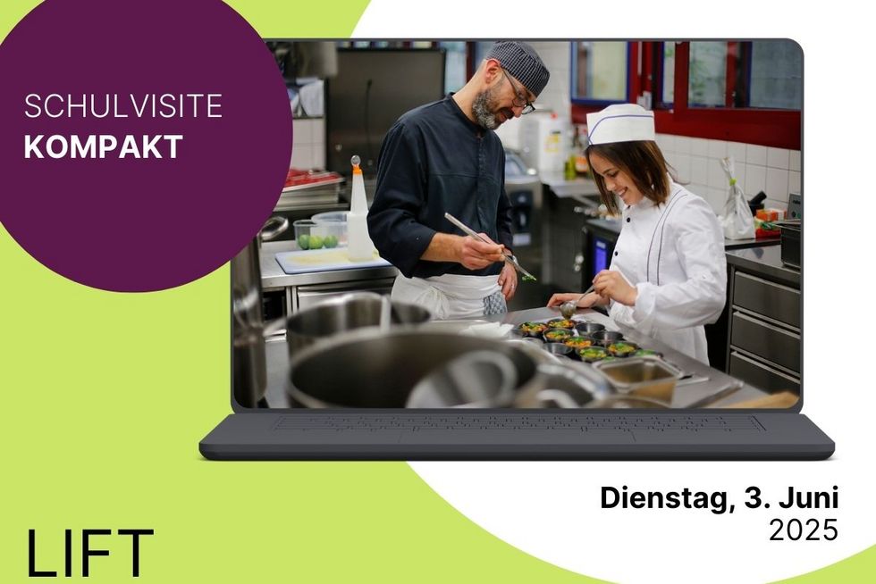 Eine Bildkomposition, die auf eine Veranstaltung am 3. Juni hinweist. Ein Symbolbild zeigt einen Koch und eine junge Köchin.