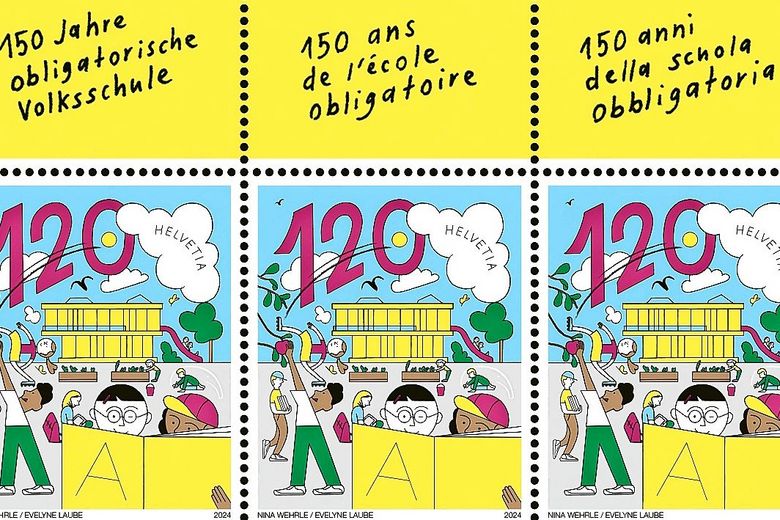 Ein buntes Briefmarkenmotiv zeigt Kinder auf einem Schulhausplatz.