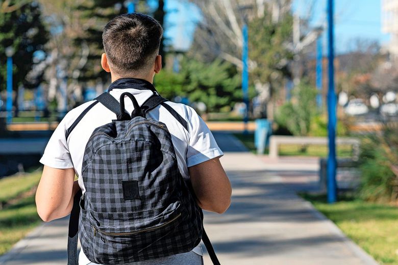 Ein Junge mit Rucksack auf dem Rücken geht einem Weg entlang. 