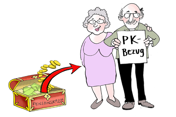 Ein altes Ehepaar steht neben einer Schatzkiste, die ihren Bezug aus der Pensionskasse symbolisiert.