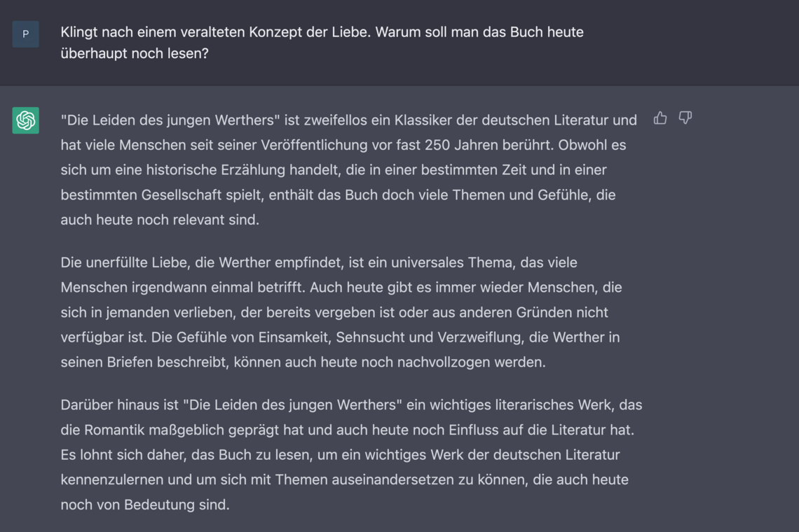 Auszug aus dem weiteren Gesprächsverlauf mit dem Bot, wo eine Folgefrage gestellt wird.