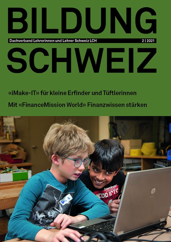 Cover der Februarausgabe 2021 von BILDUNG SCHWEIZ zeigt zwei kleiner Erfinder von «iMake-IT».