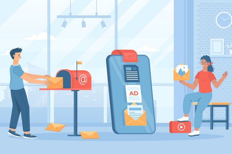 Email Marketing Services, Advertising Campaign. Digital promotion of company products, Clients communication. Flat cartoon vector illustration with people characters for banner, website design