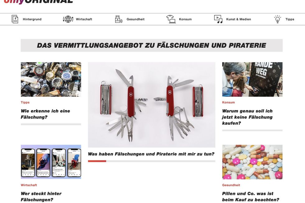 Screenshot der Startseite von only original. Abgebildet sind unter anderem verschiedene Gegenstände, die gefälscht werden können, beispielsweise Uhren und Sackmesser