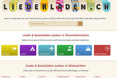 Startseite der Onlineplattform für Lieder und Geschichten liederladen.ch