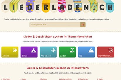 Startseite der Onlineplattform für Lieder und Geschichten liederladen.ch