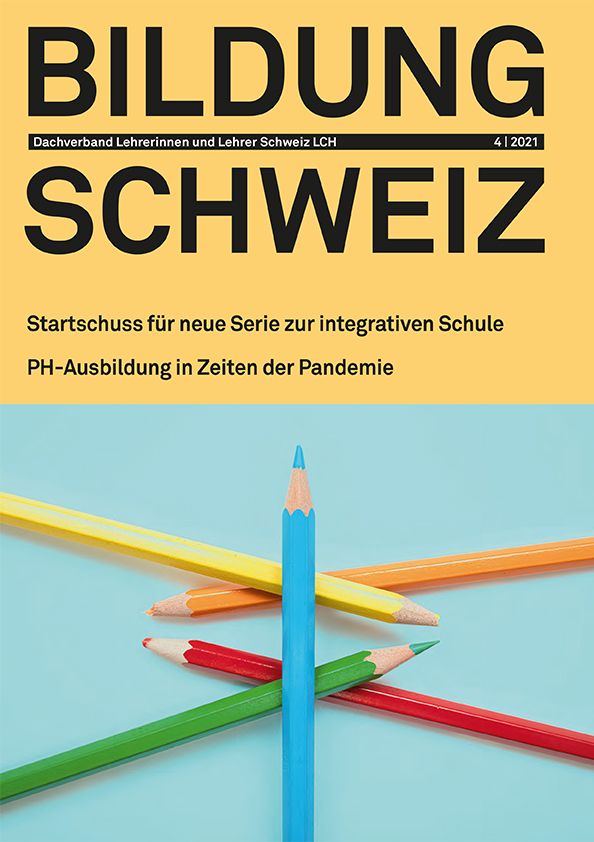 Cover der Aprilausgabe 2021 von BILDUNG SCHWEIZ zeigt aufeinanderliegende Farbstifte.