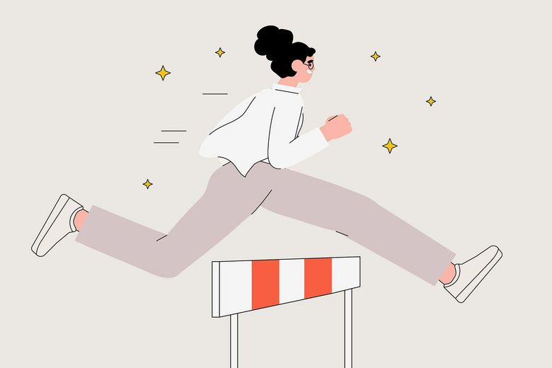 Character overcome obstacles to succeed in her work concept. Obstacles or motivation to solve problem and lead company achievement, businesswoman jump over hurdle race obstacle vector illustration.