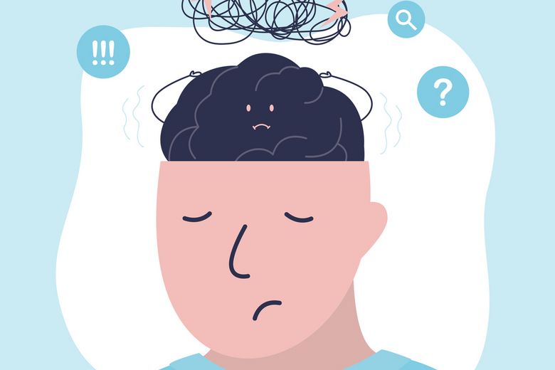 Confused, anxious and stressed brain. Character sleeping, but mind with nervous problem feels anxiety and confusion. Concept of mental disorder and chaos in consciousness.