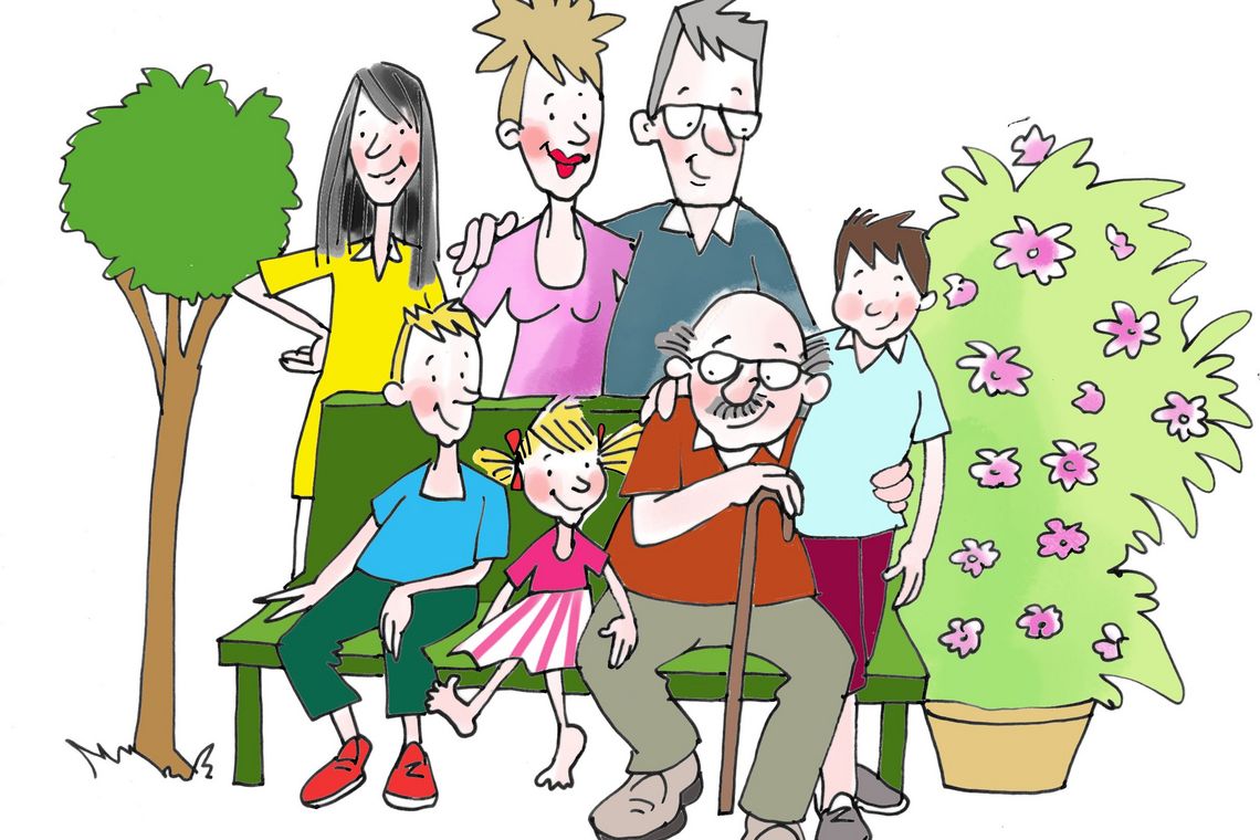 Eine Cartoonzeichnung, die eine Familie auf einer Bank sitzend zeigt. Foto: zVg