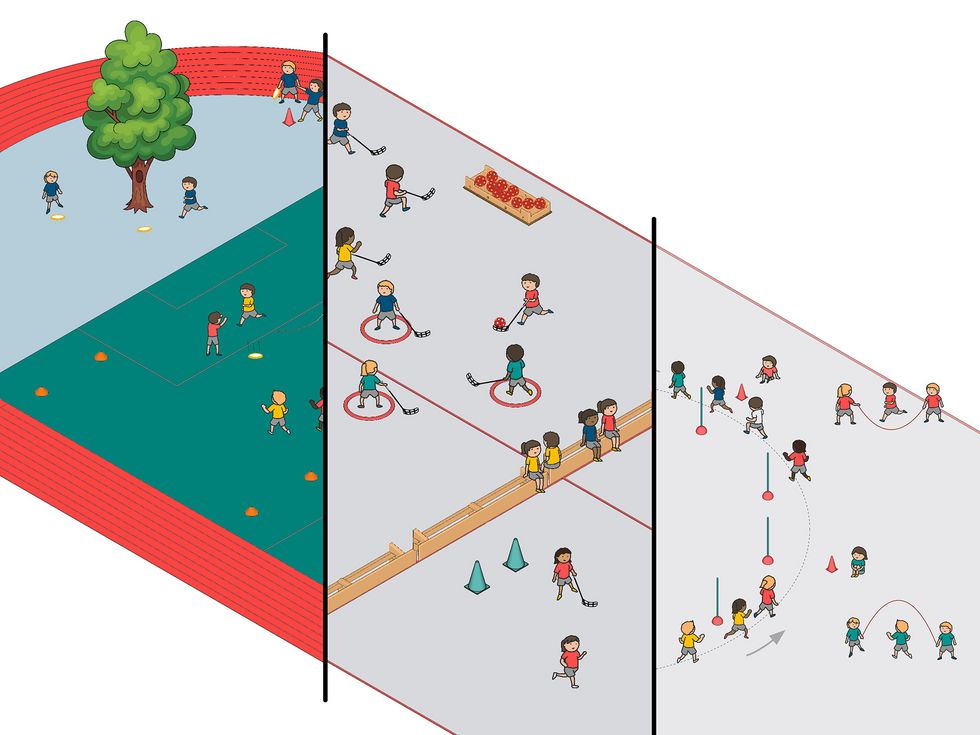 Illustration eines Schulsporttags, die Kinder bei verschiedenen Sportarten zeigt