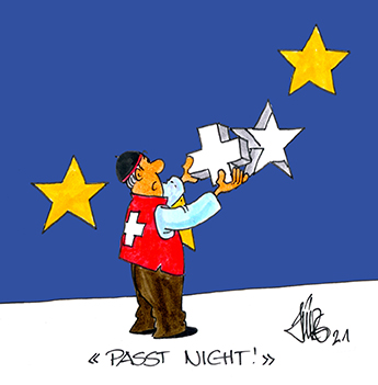 Karikatur: Ein Mann versucht vergeblich, einen der Sterne der EU-Flagge durch ein Schweizer Kreuz zu ersetzen