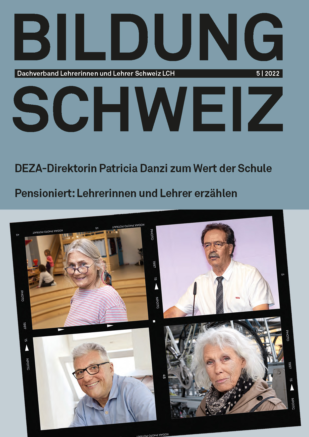 Cover der Maiausgabe 2022 von BILDUNG SCHWEIZ zeigt die Porträts von vier pensionierten Lehrpersonen